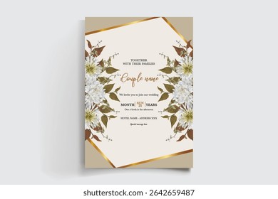 WEDDING INVITATION FRAME WITH FLOWER DECORATIONS AND FRESH LEAVES