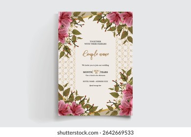 WEDDING INVITATION FRAME WITH FLOWER DECORATIONS AND FRESH LEAVES