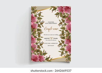 WEDDING INVITATION FRAME WITH FLOWER DECORATIONS AND FRESH LEAVES