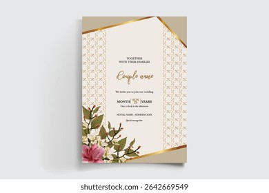 WEDDING INVITATION FRAME WITH FLOWER DECORATIONS AND FRESH LEAVES