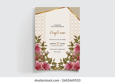 WEDDING INVITATION FRAME WITH FLOWER DECORATIONS AND FRESH LEAVES