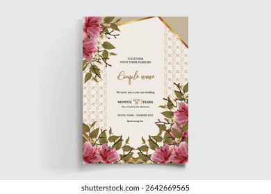 WEDDING INVITATION FRAME WITH FLOWER DECORATIONS AND FRESH LEAVES