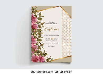 WEDDING INVITATION FRAME WITH FLOWER DECORATIONS AND FRESH LEAVES