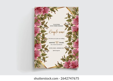 WEDDING INVITATION FRAME WITH FLOWER DECORATIONS AND FRESH LEAVES
