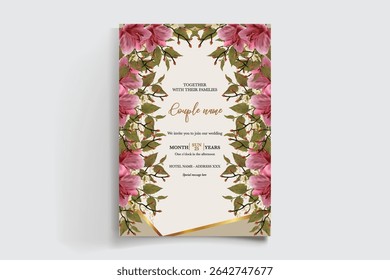 WEDDING INVITATION FRAME WITH FLOWER DECORATIONS AND FRESH LEAVES