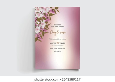 WEDDING INVITATION FRAME WITH FLOWER DECORATIONS AND FRESH LEAVES