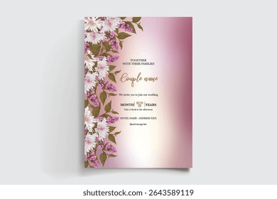 WEDDING INVITATION FRAME WITH FLOWER DECORATIONS AND FRESH LEAVES