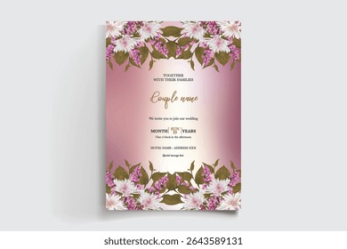 WEDDING INVITATION FRAME WITH FLOWER DECORATIONS AND FRESH LEAVES