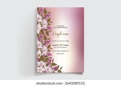 WEDDING INVITATION FRAME WITH FLOWER DECORATIONS AND FRESH LEAVES