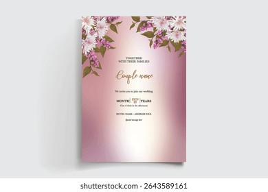 WEDDING INVITATION FRAME WITH FLOWER DECORATIONS AND FRESH LEAVES