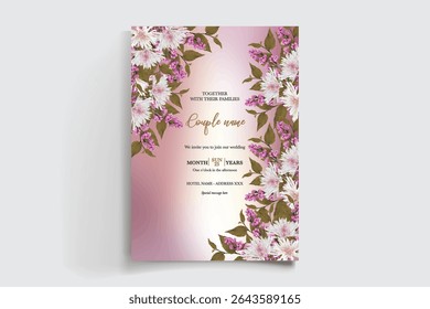 WEDDING INVITATION FRAME WITH FLOWER DECORATIONS AND FRESH LEAVES