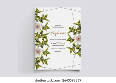 WEDDING INVITATION FRAME WITH FLOWER DECORATIONS AND FRESH LEAVES