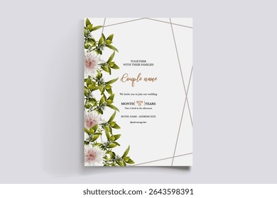 WEDDING INVITATION FRAME WITH FLOWER DECORATIONS AND FRESH LEAVES
