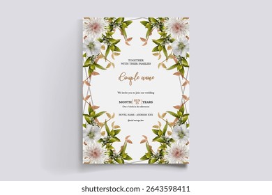 WEDDING INVITATION FRAME WITH FLOWER DECORATIONS AND FRESH LEAVES