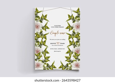 QUADRO DE CONVITE DE CASAMENTO COM DECORAÇÕES DE FLORES E FOLHAS FRESCAS