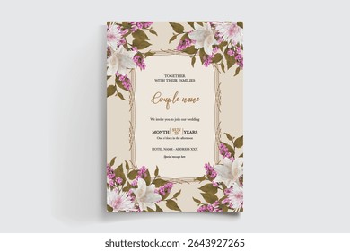 WEDDING INVITATION FRAME WITH FLOWER DECORATIONS AND FRESH LEAVES