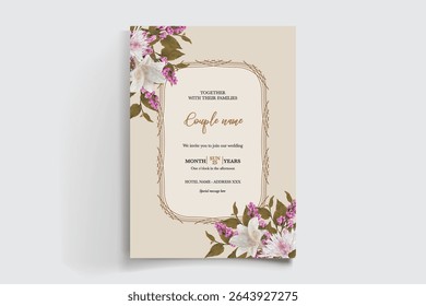 WEDDING INVITATION FRAME WITH FLOWER DECORATIONS AND FRESH LEAVES
