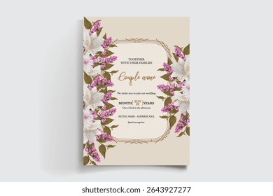 WEDDING INVITATION FRAME WITH FLOWER DECORATIONS AND FRESH LEAVES