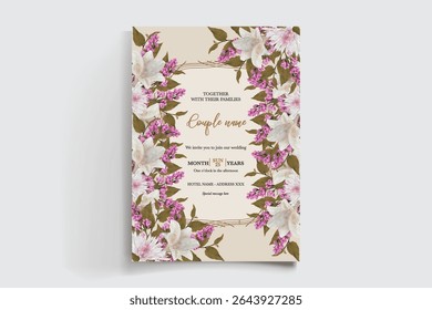 WEDDING INVITATION FRAME WITH FLOWER DECORATIONS AND FRESH LEAVES
