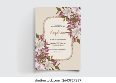 WEDDING INVITATION FRAME WITH FLOWER DECORATIONS AND FRESH LEAVES