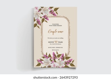 MARCO DE INVITACIÓN DE BODA CON DECORACIONES FLORALES Y HOJAS FRESCAS