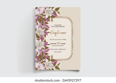 QUADRO DE CONVITE DE CASAMENTO COM DECORAÇÕES DE FLORES E FOLHAS FRESCAS