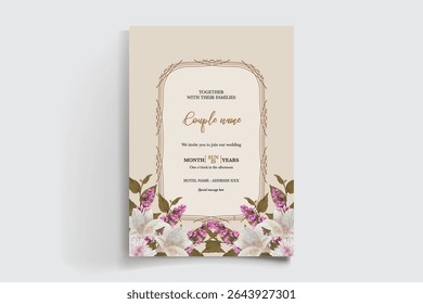 WEDDING INVITATION FRAME WITH FLOWER DECORATIONS AND FRESH LEAVES