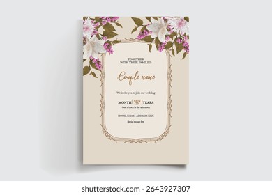 MARCO DE INVITACIÓN DE BODA CON DECORACIONES FLORALES Y HOJAS FRESCAS