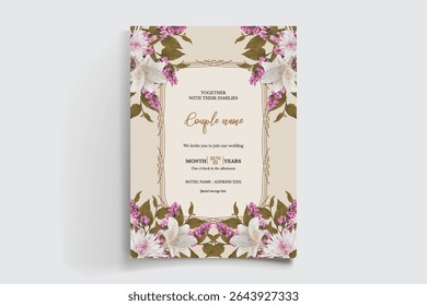 WEDDING INVITATION FRAME WITH FLOWER DECORATIONS AND FRESH LEAVES