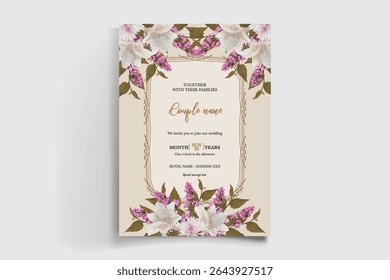 WEDDING INVITATION FRAME WITH FLOWER DECORATIONS AND FRESH LEAVES