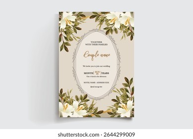 WEDDING INVITATION FRAME WITH FLOWER DECORATIONS AND FRESH LEAVES
