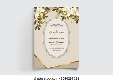 WEDDING INVITATION FRAME WITH FLOWER DECORATIONS AND FRESH LEAVES