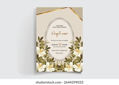 WEDDING INVITATION FRAME WITH FLOWER DECORATIONS AND FRESH LEAVES