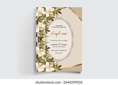 WEDDING INVITATION FRAME WITH FLOWER DECORATIONS AND FRESH LEAVES