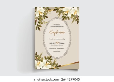WEDDING INVITATION FRAME WITH FLOWER DECORATIONS AND FRESH LEAVES