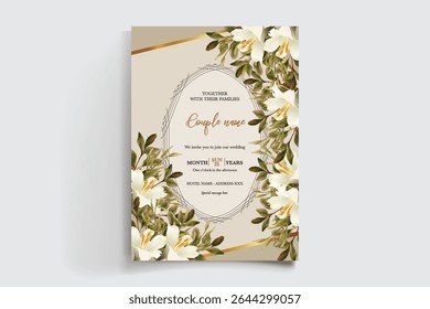 HOCHZEITSEINLADUNGSRAHMEN MIT BLUMENDEKORATIONEN UND FRISCHEN BLÄTTERN