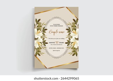 WEDDING INVITATION FRAME WITH FLOWER DECORATIONS AND FRESH LEAVES