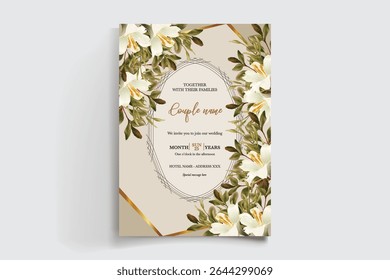 HOCHZEITSEINLADUNGSRAHMEN MIT BLUMENDEKORATIONEN UND FRISCHEN BLÄTTERN