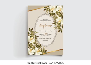 WEDDING INVITATION FRAME WITH FLOWER DECORATIONS AND FRESH LEAVES