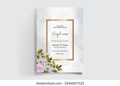 WEDDING INVITATION FRAME WITH FLOWER DECORATIONS AND FRESH LEAVES