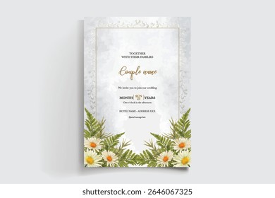WEDDING INVITATION FRAME WITH FLOWER DECORATIONS AND FRESH LEAVES