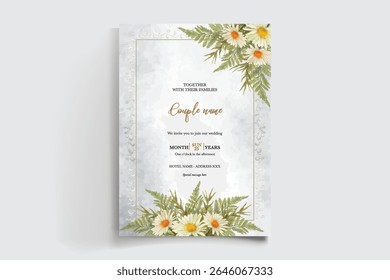 WEDDING INVITATION FRAME WITH FLOWER DECORATIONS AND FRESH LEAVES