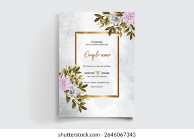 WEDDING INVITATION FRAME WITH FLOWER DECORATIONS AND FRESH LEAVES