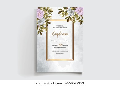 WEDDING INVITATION FRAME WITH FLOWER DECORATIONS AND FRESH LEAVES