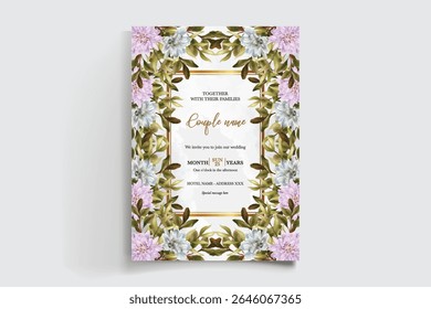 WEDDING INVITATION FRAME WITH FLOWER DECORATIONS AND FRESH LEAVES