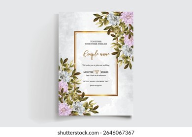 WEDDING INVITATION FRAME WITH FLOWER DECORATIONS AND FRESH LEAVES