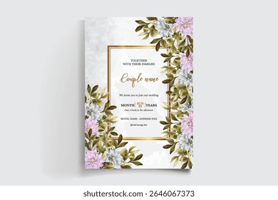 HOCHZEITSEINLADUNGSRAHMEN MIT BLUMENDEKORATIONEN UND FRISCHEN BLÄTTERN