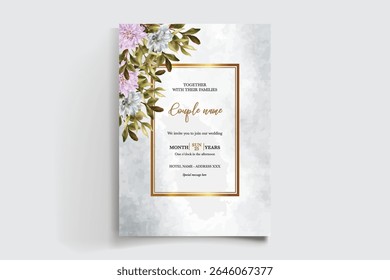 WEDDING INVITATION FRAME WITH FLOWER DECORATIONS AND FRESH LEAVES