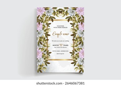 WEDDING INVITATION FRAME WITH FLOWER DECORATIONS AND FRESH LEAVES