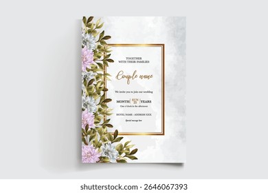 WEDDING INVITATION FRAME WITH FLOWER DECORATIONS AND FRESH LEAVES
